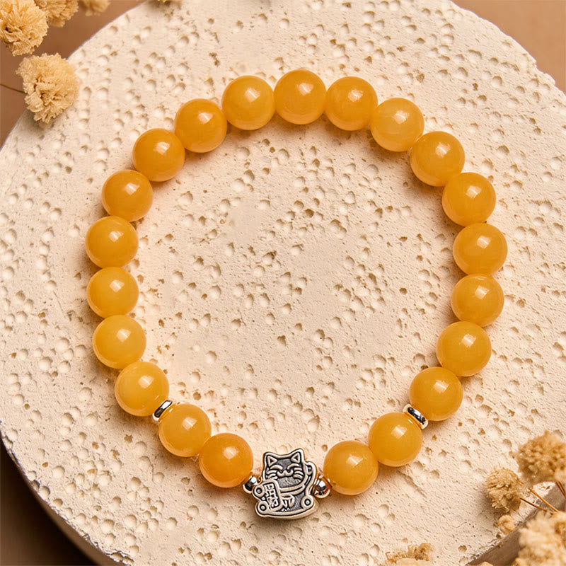 Pulsera de positividad con Buddha Stones en plata de ley 925 con gato atigrado naranja y calcedonia amarilla - image 3