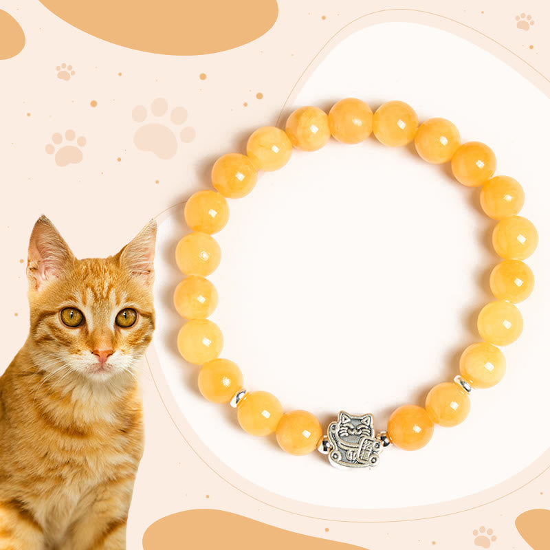 Pulsera de positividad con Buddha Stones en plata de ley 925 con gato atigrado naranja y calcedonia amarilla - Gato atigrado naranja (circunferencia de muñeca: 15-16 cm) - image 0