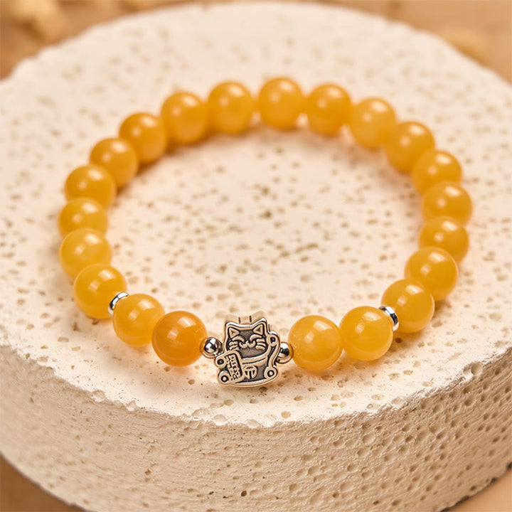 Pulsera de positividad con Buddha Stones en plata de ley 925 con gato atigrado naranja y calcedonia amarilla - image 2