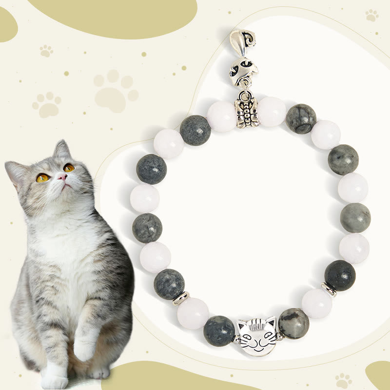 Pulsera de estabilidad con Buddha Stones, gato atigrado gris, jaspe veteado negro natural y calcedonia blanca - Gato atigrado gris (circunferencia de muñeca: 15-16 cm) - image 0