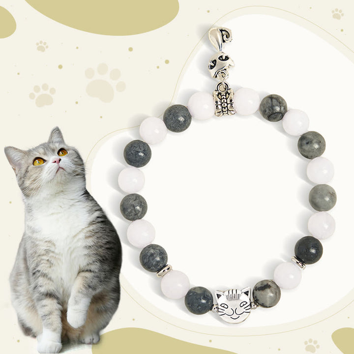 Pulsera de estabilidad con Buddha Stones, gato atigrado gris, jaspe veteado negro natural y calcedonia blanca - Gato atigrado gris (circunferencia de muñeca: 15-16 cm) - image 0
