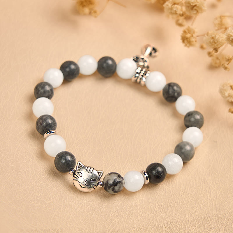Pulsera de estabilidad con Buddha Stones, gato atigrado gris, jaspe veteado negro natural y calcedonia blanca - image 1