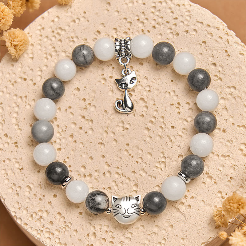 Pulsera de estabilidad con Buddha Stones, gato atigrado gris, jaspe veteado negro natural y calcedonia blanca - image 3