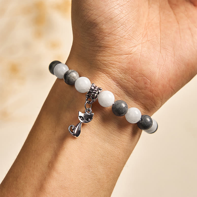 Pulsera de estabilidad con Buddha Stones, gato atigrado gris, jaspe veteado negro natural y calcedonia blanca - image 4