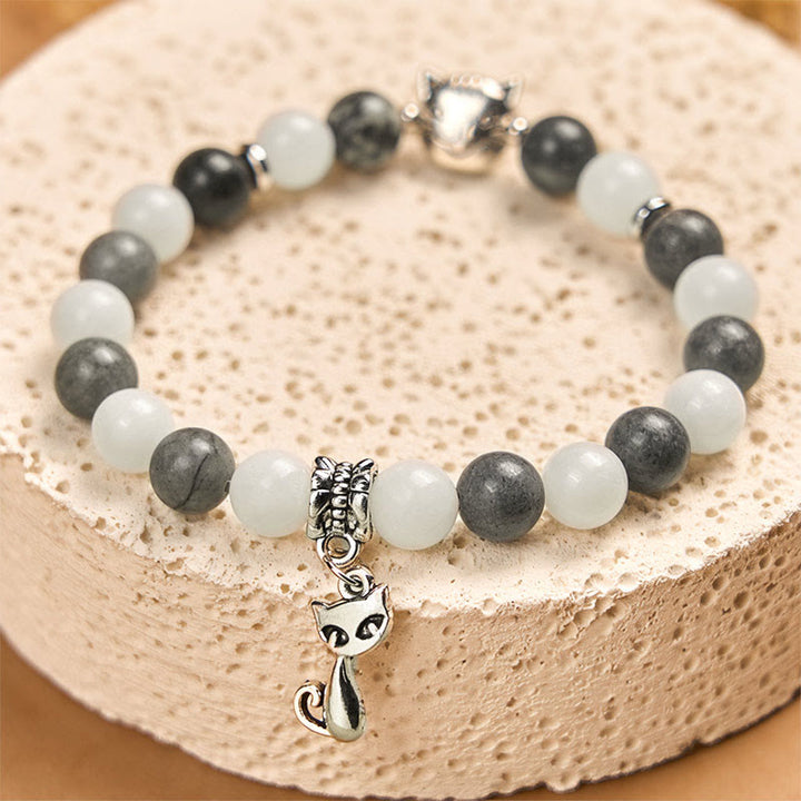Pulsera de estabilidad con Buddha Stones, gato atigrado gris, jaspe veteado negro natural y calcedonia blanca - image 2