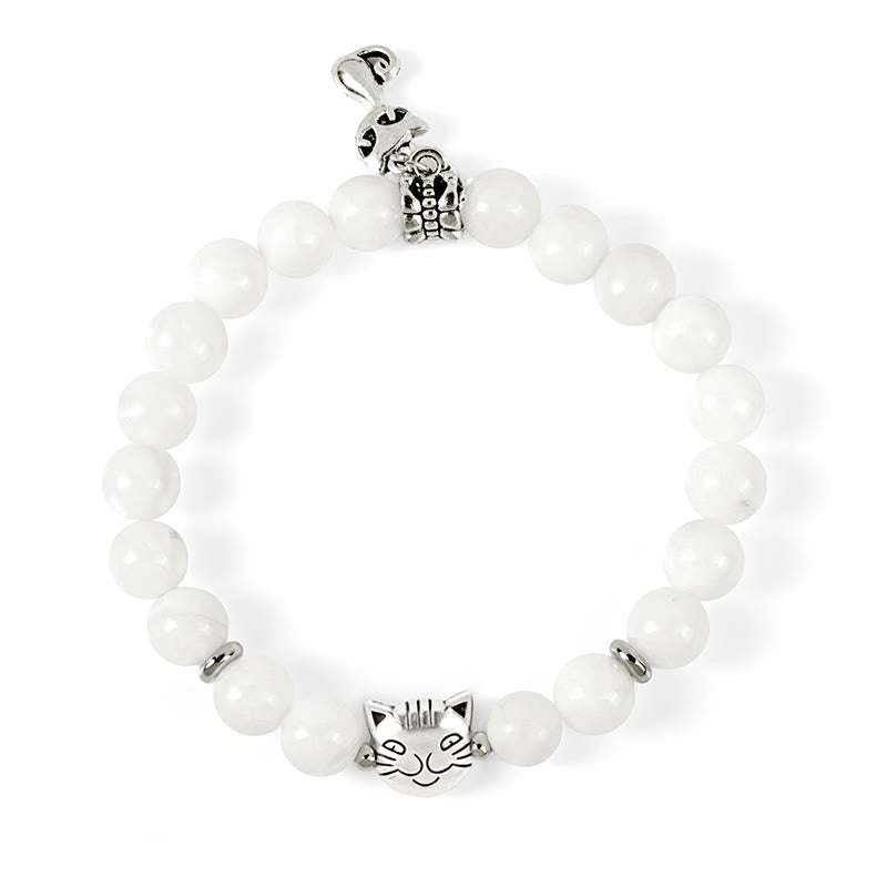 Pulsera positiva con cuentas de calcedonia blanca natural y gato blanco de Buddha Stones - image 6
