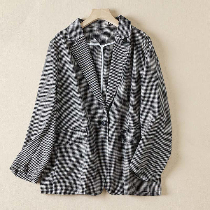 Chaqueta de algodón de manga larga con solapa y bolsillos para mujer con estampado a cuadros Buddha Stones Commute - Cuadros pequeños - US12, UK/AU16, EU44 (2XL) - image 0