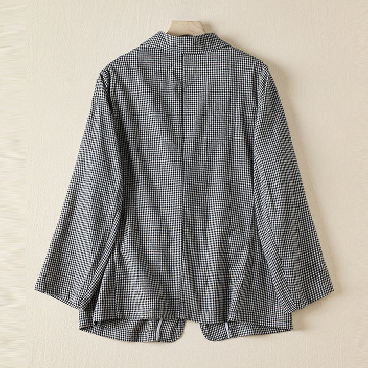 Chaqueta de algodón de manga larga con solapa y bolsillos para mujer con estampado a cuadros Buddha Stones Commute - image 1