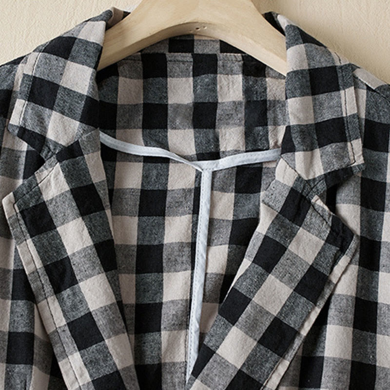 Chaqueta de algodón de manga larga con solapa y bolsillos para mujer con estampado a cuadros Buddha Stones Commute - image 19