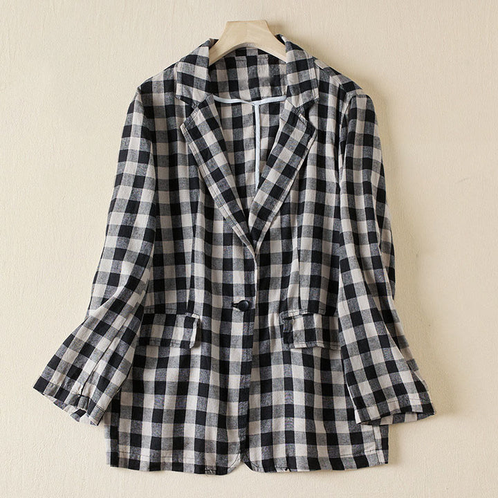 Chaqueta de algodón de manga larga con solapa y bolsillos para mujer con estampado a cuadros Buddha Stones Commute - Cuadros grandes - US12, UK/AU16, EU44 (2XL) - image 17