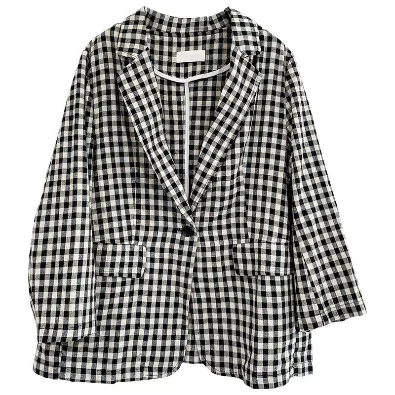 Chaqueta de algodón de manga larga con solapa y bolsillos para mujer con estampado a cuadros Buddha Stones Commute - image 16