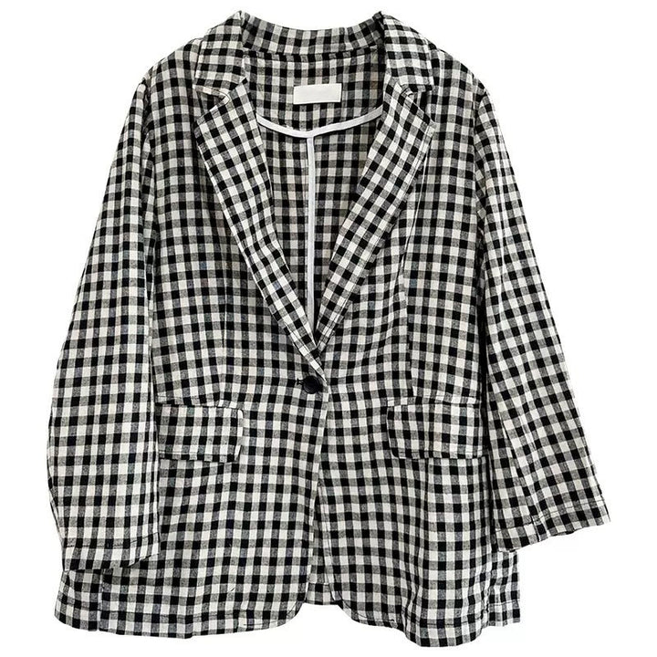 Chaqueta de algodón de manga larga con solapa y bolsillos para mujer con estampado a cuadros Buddha Stones Commute - image 16