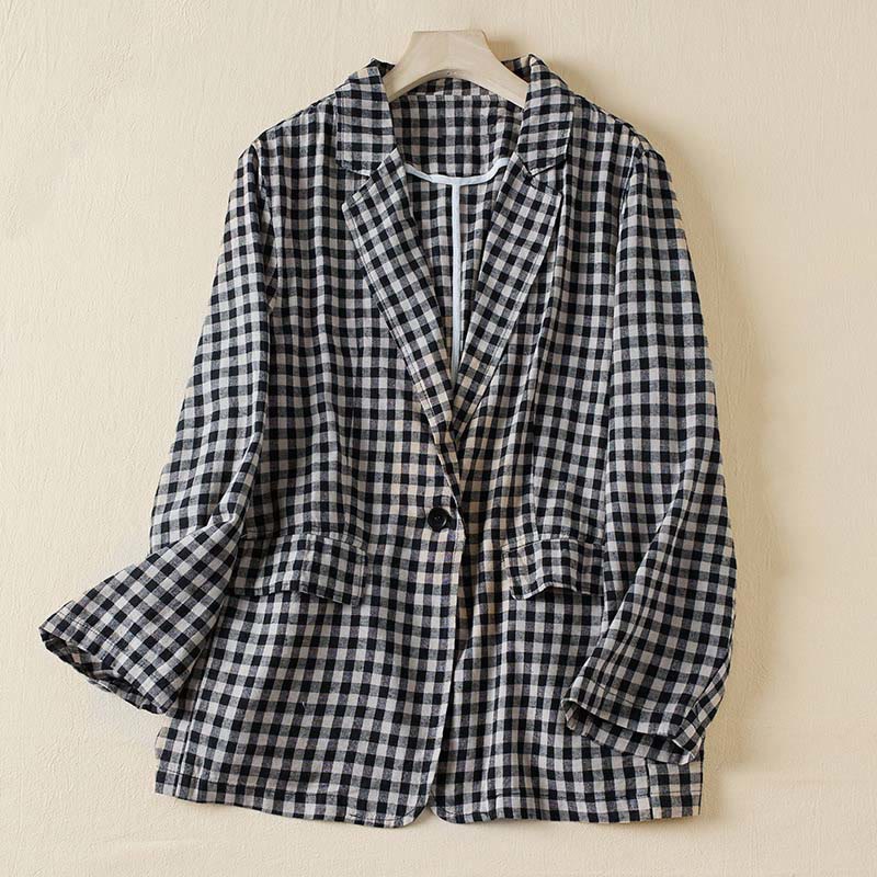 Chaqueta de algodón de manga larga con solapa y bolsillos para mujer con estampado a cuadros Buddha Stones Commute - Cuadros medianos - US12, UK/AU16, EU44 (2XL) - image 7