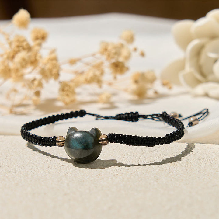 Pulsera curativa de cuerda negra con cabeza de gato y labradorita natural de Buddha Stones - image 2