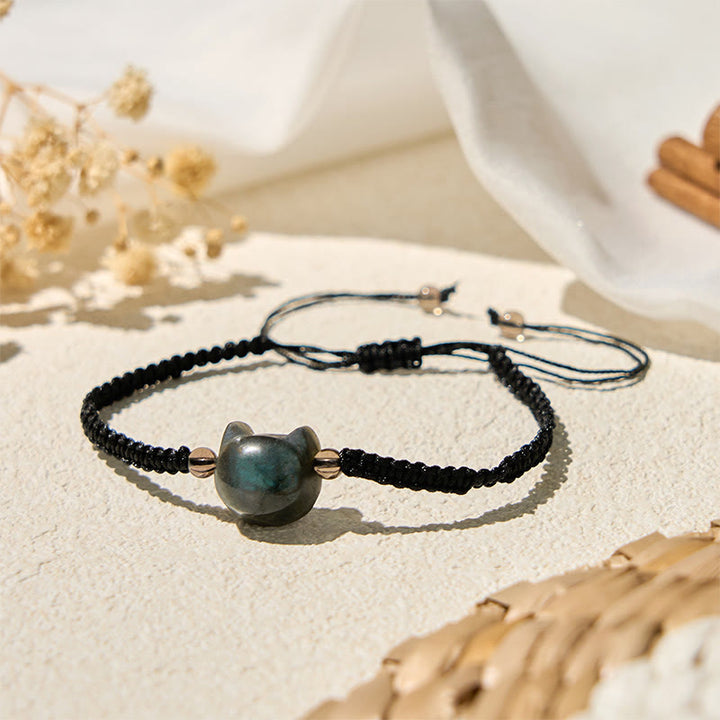 Pulsera curativa de cuerda negra con cabeza de gato y labradorita natural de Buddha Stones - image 1