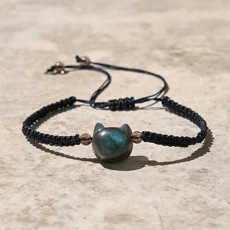 Pulsera curativa de cuerda negra con cabeza de gato y labradorita natural de Buddha Stones - Labradorita (circunferencia de la muñeca: 15-21 cm) - image 0