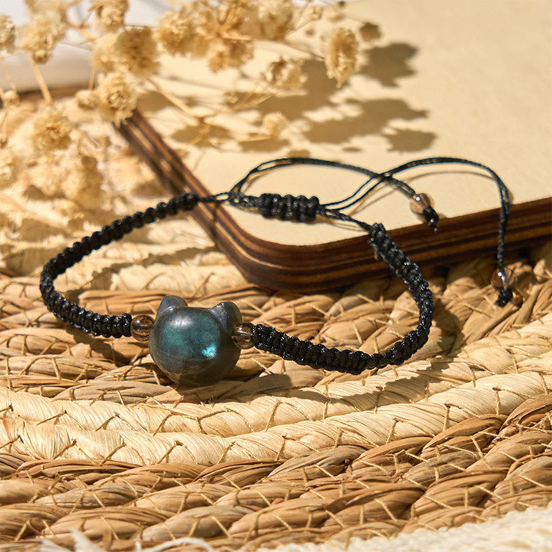 Pulsera curativa de cuerda negra con cabeza de gato y labradorita natural de Buddha Stones - image 4