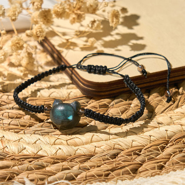 Pulsera curativa de cuerda negra con cabeza de gato y labradorita natural de Buddha Stones - image 4