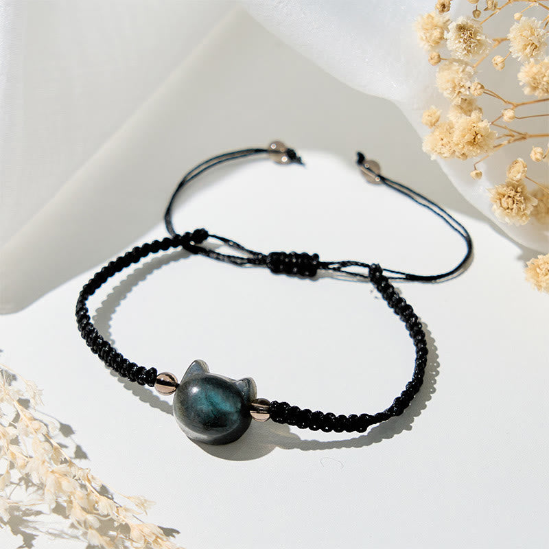 Pulsera curativa de cuerda negra con cabeza de gato y labradorita natural de Buddha Stones - image 3