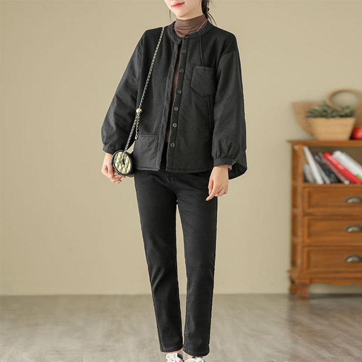 Chaqueta de algodón de manga larga con bolsillo para mujer, diseño de patchwork liso, de Buddha Stones Commute - image 14