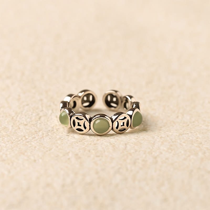 Anillo abierto de prosperidad y suerte con monedas de cobre, ágata roja del sur y jade de Buddha Stones - image 1