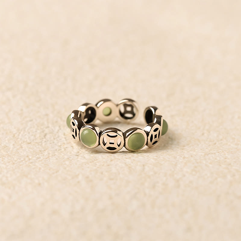 Anillo abierto de prosperidad y suerte con monedas de cobre, ágata roja del sur y jade de Buddha Stones - image 3