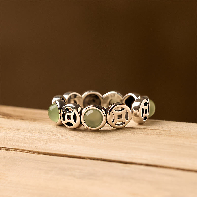 Anillo abierto de prosperidad y suerte con monedas de cobre, ágata roja del sur y jade de Buddha Stones - image 2