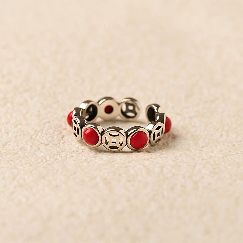 Anillo abierto de prosperidad y suerte con monedas de cobre, ágata roja del sur y jade de Buddha Stones - image 11