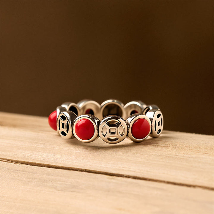 Anillo abierto de prosperidad y suerte con monedas de cobre, ágata roja del sur y jade de Buddha Stones - image 10