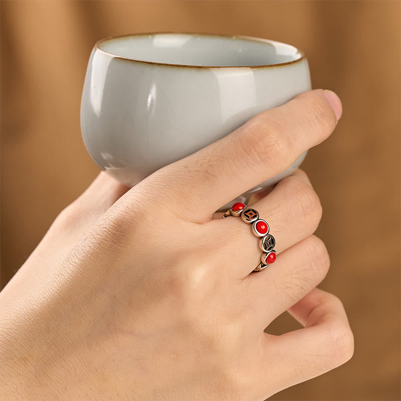 Anillo abierto de prosperidad y suerte con monedas de cobre, ágata roja del sur y jade de Buddha Stones - image 12