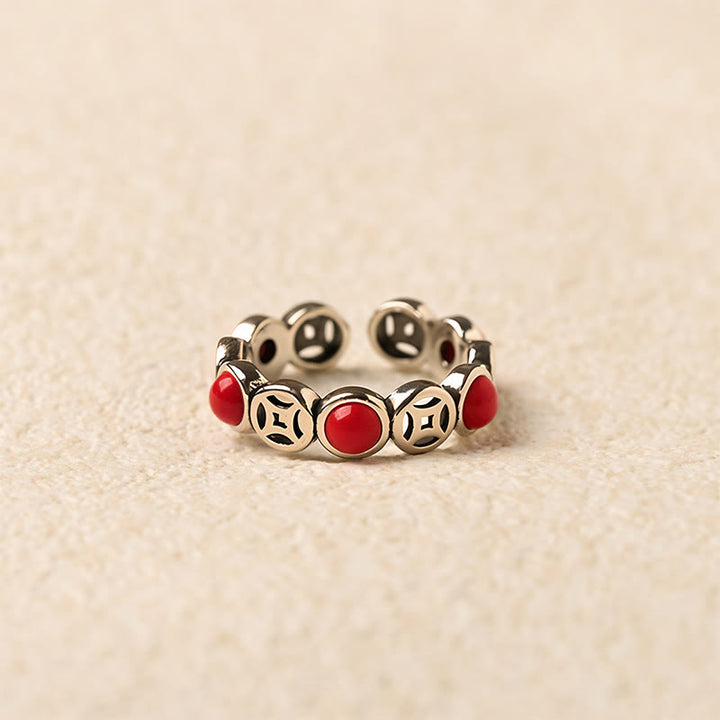 Anillo abierto de prosperidad y suerte con monedas de cobre, ágata roja del sur y jade de Buddha Stones - image 9