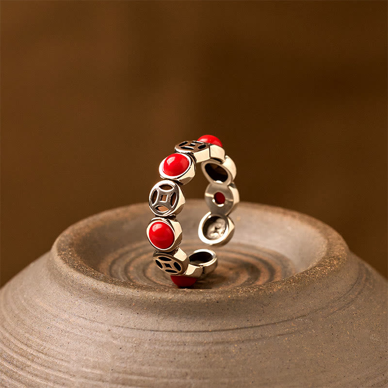 Anillo abierto de prosperidad y suerte con monedas de cobre, ágata roja del sur y jade de Buddha Stones - Ágata roja del sur - image 8