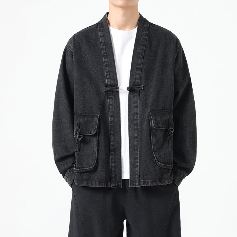 Chaqueta de algodón de manga larga para hombre con diseño de botones de mezclilla y bolsillos de Buddha Stones - Negro - US/UK/AU48，EU58(5XL) - image 0