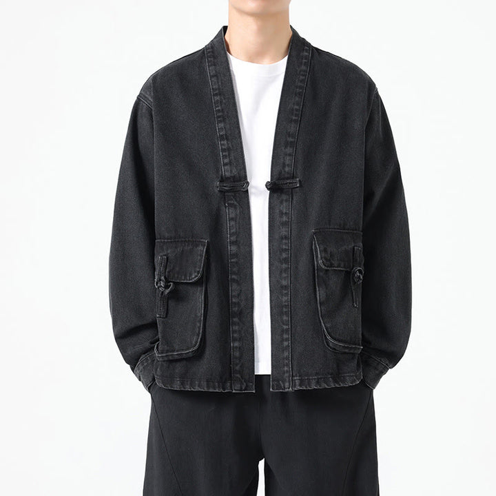 Chaqueta de algodón de manga larga para hombre con diseño de botones de mezclilla y bolsillos de Buddha Stones - Negro - US/UK/AU48，EU58(5XL) - image 0