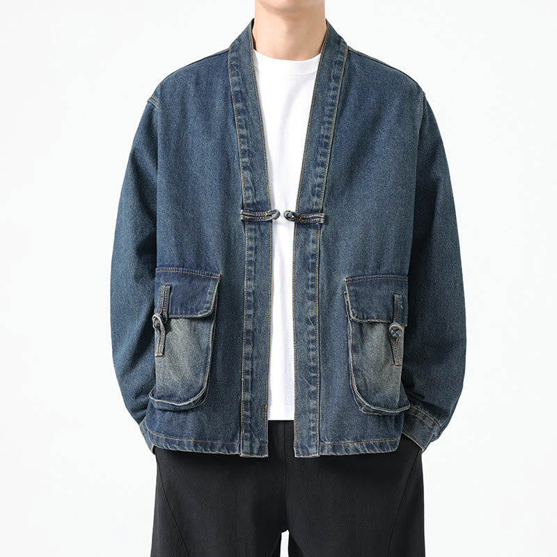 Chaqueta de algodón de manga larga para hombre con diseño de botones de mezclilla y bolsillos de Buddha Stones - Azul acero - US/UK/AU48，EU58(5XL) - image 18