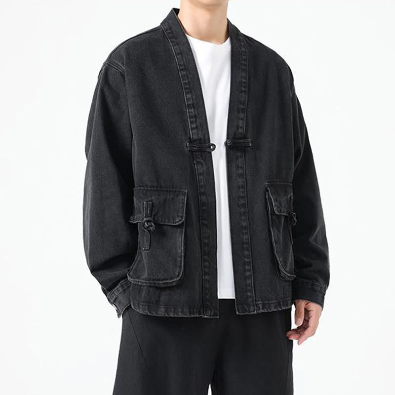 Chaqueta de algodón de manga larga para hombre con diseño de botones de mezclilla y bolsillos de Buddha Stones - image 5
