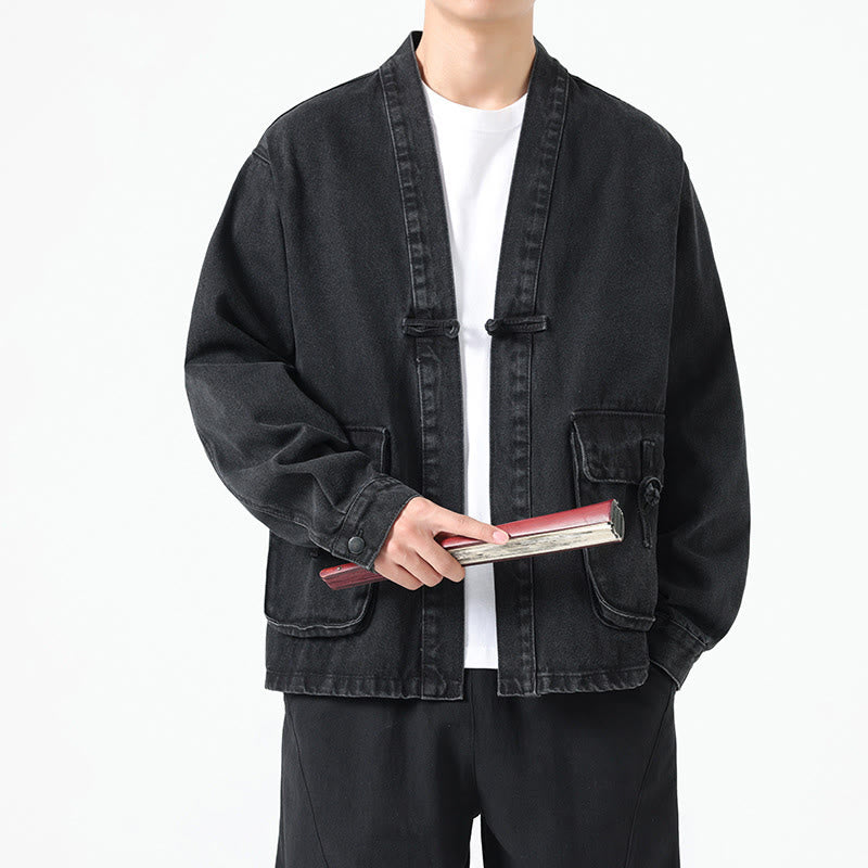 Chaqueta de algodón de manga larga para hombre con diseño de botones de mezclilla y bolsillos de Buddha Stones - image 2