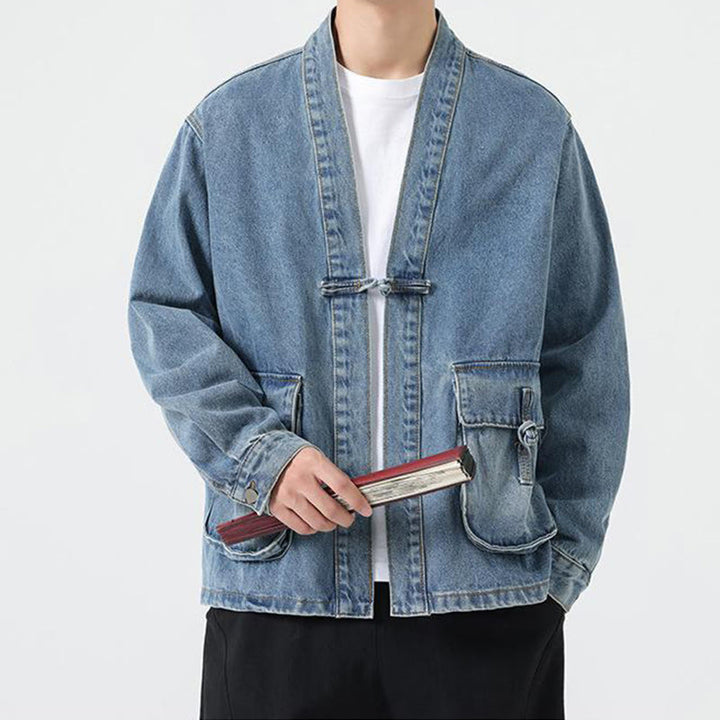 Chaqueta de algodón de manga larga para hombre con diseño de botones de mezclilla y bolsillos de Buddha Stones - image 16