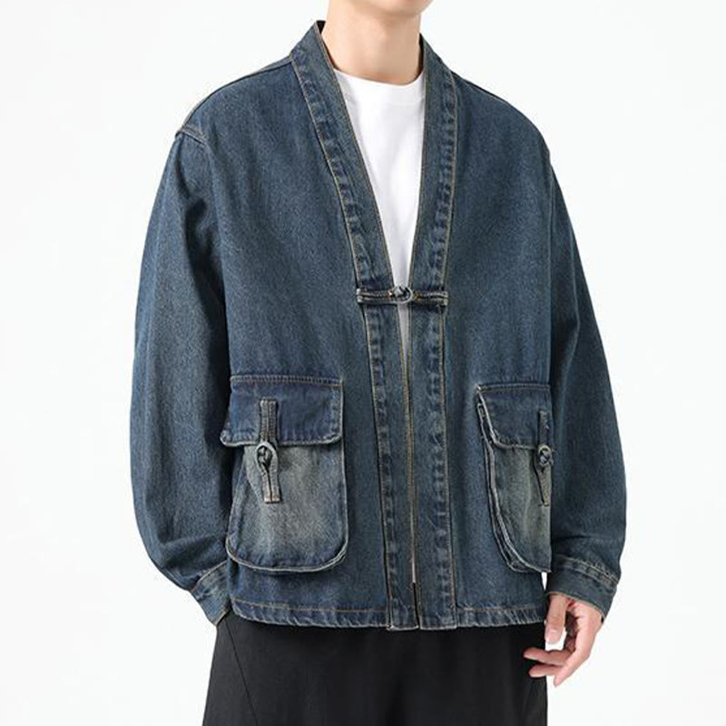 Chaqueta de algodón de manga larga para hombre con diseño de botones de mezclilla y bolsillos de Buddha Stones - image 23