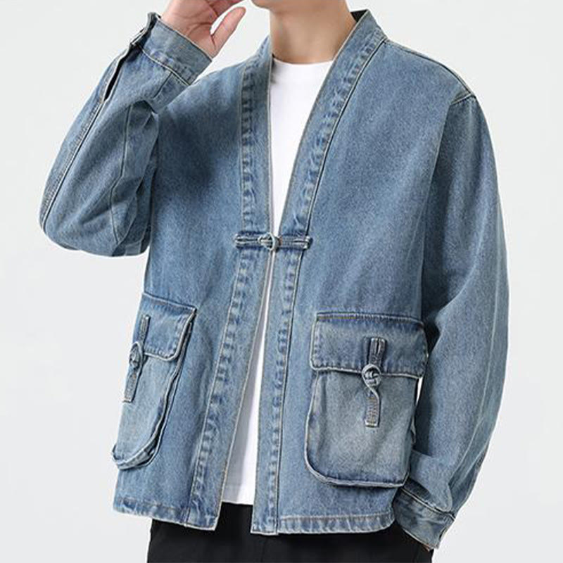 Chaqueta de algodón de manga larga para hombre con diseño de botones de mezclilla y bolsillos de Buddha Stones - image 14