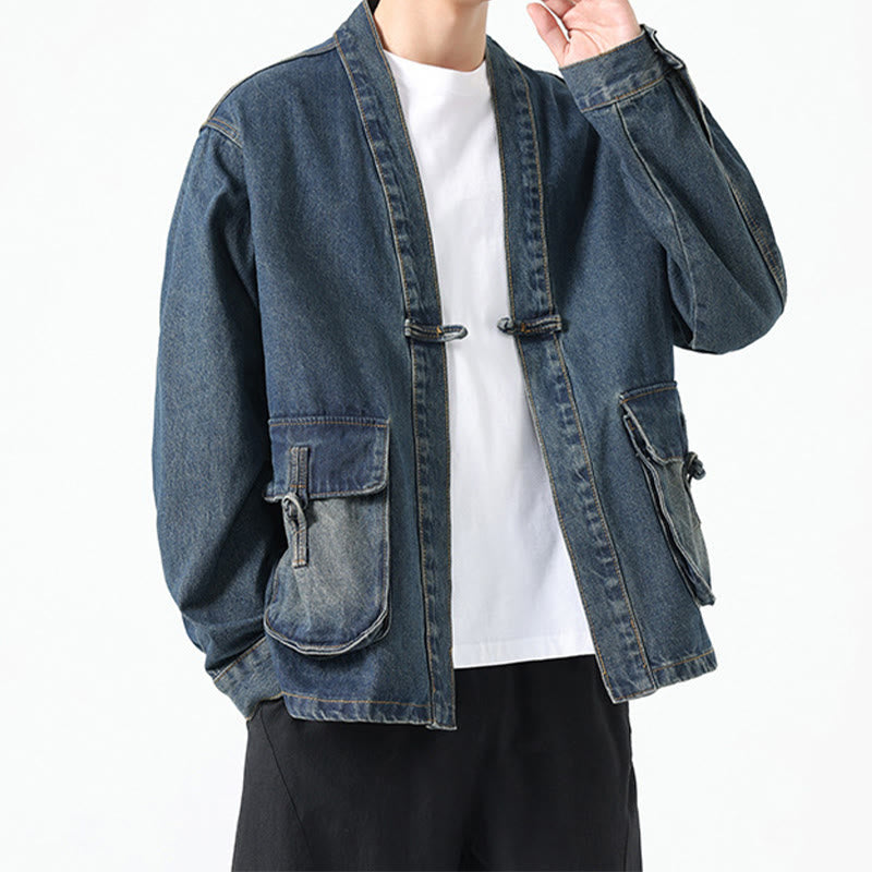 Chaqueta de algodón de manga larga para hombre con diseño de botones de mezclilla y bolsillos de Buddha Stones - image 19