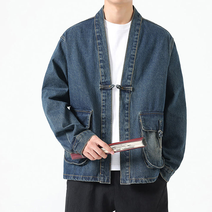 Chaqueta de algodón de manga larga para hombre con diseño de botones de mezclilla y bolsillos de Buddha Stones - image 24