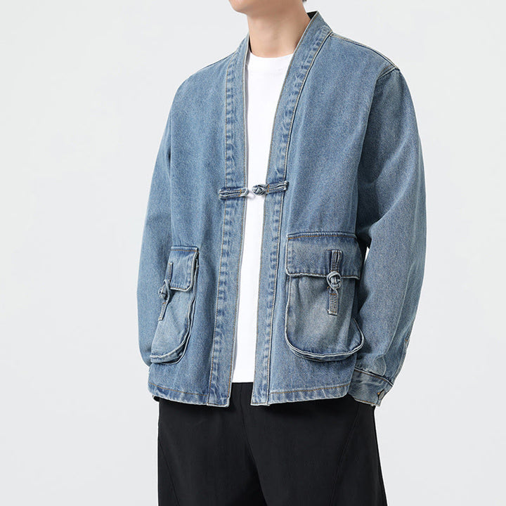 Chaqueta de algodón de manga larga para hombre con diseño de botones de mezclilla y bolsillos de Buddha Stones - image 17