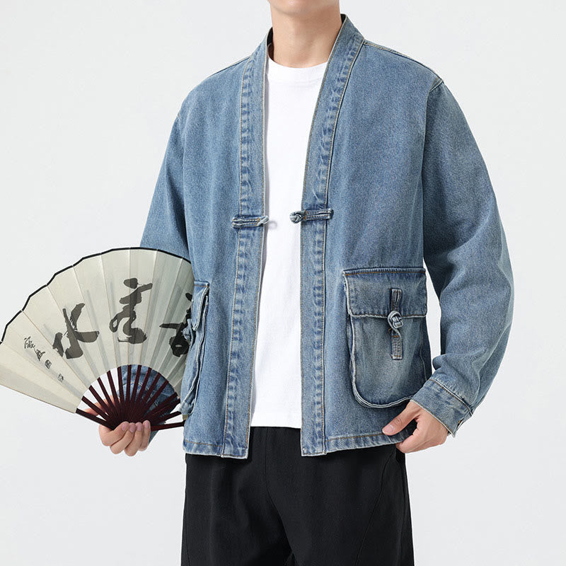 Chaqueta de algodón de manga larga para hombre con diseño de botones de mezclilla y bolsillos de Buddha Stones - image 13