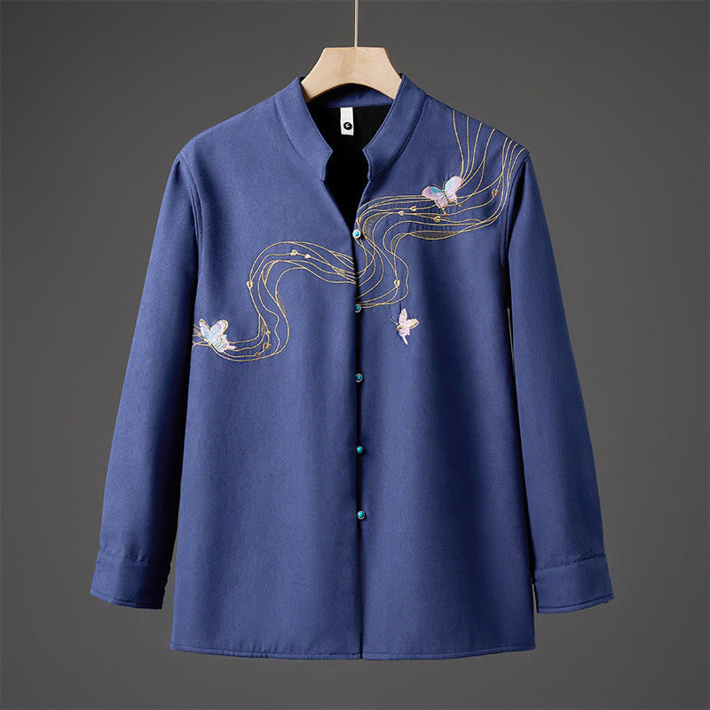 Chaqueta de manga larga de algodón para hombre con forro polar y lazo de mariposa bordado de invierno Buddha Stones - Azul acero - US/UK/AU46, EU56 (5XL) - image 13