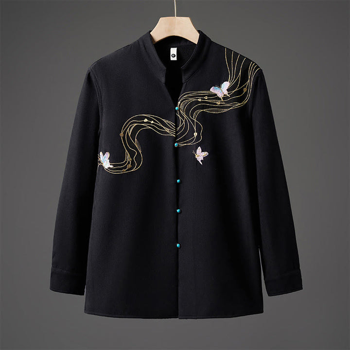 Chaqueta de manga larga de algodón para hombre con forro polar y lazo de mariposa bordado de invierno Buddha Stones - Negro - US/UK/AU46, EU56 (5XL) - image 0