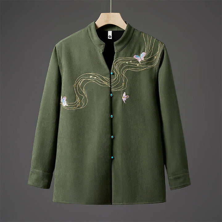 Chaqueta de manga larga de algodón para hombre con forro polar y lazo de mariposa bordado de invierno Buddha Stones - Verde bosque - US/UK/AU46, EU56 (5XL) - image 11