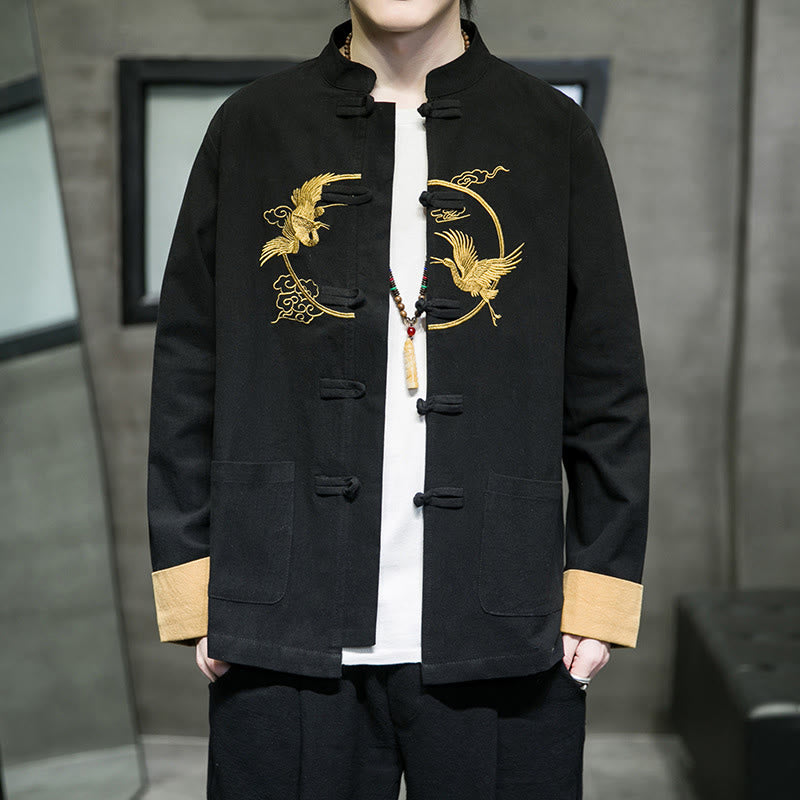 Camisa de lino y algodón de manga larga para hombre con grullas bordadas con Buddha Stones y nubes auspiciosas, botones de rana - Negro - US/UK/AU46, EU56 (5XL) - image 14