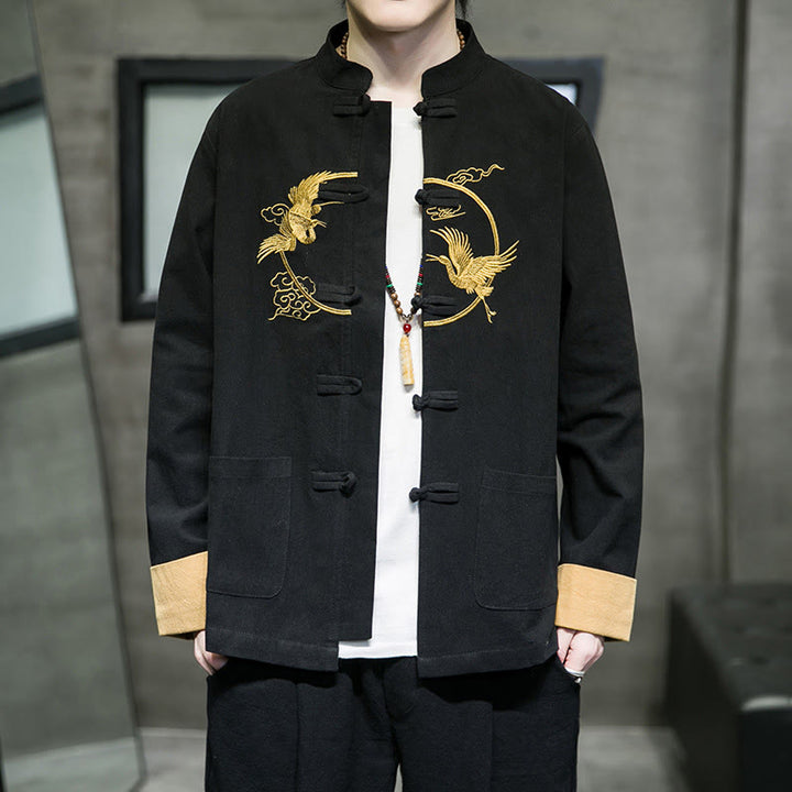 Camisa de lino y algodón de manga larga para hombre con grullas bordadas con Buddha Stones y nubes auspiciosas, botones de rana - Negro - US/UK/AU46, EU56 (5XL) - image 14