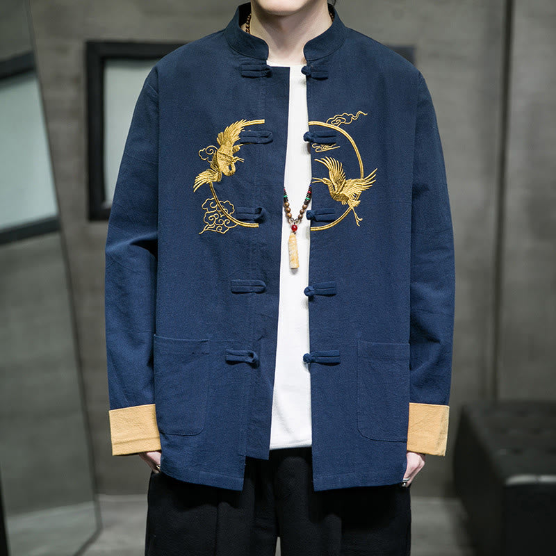 Camisa de lino y algodón de manga larga para hombre con grullas bordadas con Buddha Stones y nubes auspiciosas, botones de rana - Azul acero - US/UK/AU46, EU56 (5XL) - image 21
